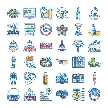 Diverse collection hand drawn doodle line icons Ilustración de archivo
