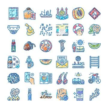 Diverse collection of hand drawn doodle outline icons Ilustración de archivo