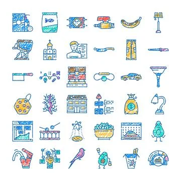 Diverse collection of hand drawn scratch style icons Ilustración de archivo