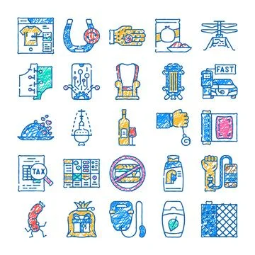 Diverse collection of hand drawn scribble icons concept Stock Illustration