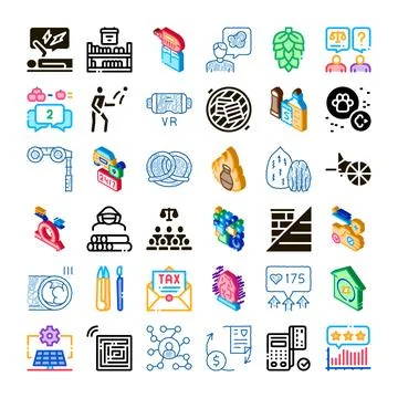 Diverse collection of isometric and line art icons Stock Illustration