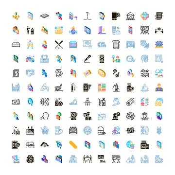 Diverse collection of isometric and outlined icons Stock Illustration