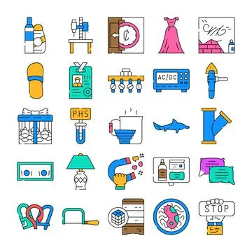 Diverse collection of items and objects line icons Stock Illustration