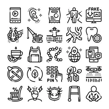 Diverse collection of line icons representing concepts and items Stock Illustration