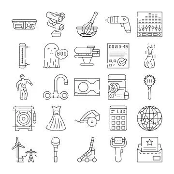 Diverse collection of line icons representing a variety of concepts Stock Illustration