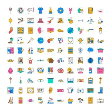 Diverse collection of line icons representing various objects Stock Illustration