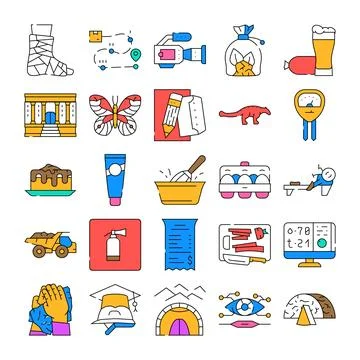 Diverse collection of line icons representing various concepts Ilustración de archivo