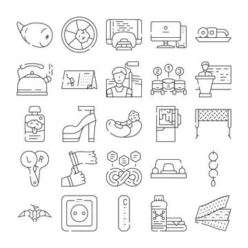 Diverse collection line icons representing everyday objects concepts Stock Illustration