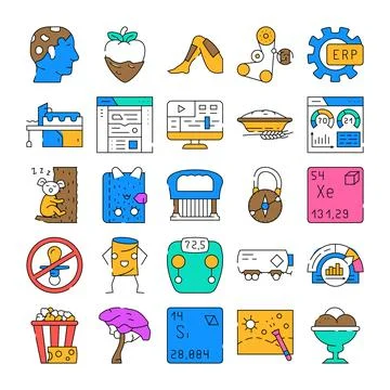 Diverse collection of line icons representing various concepts Stock Illustration