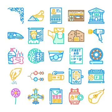 Diverse collection of line icons representing various concepts Stock Illustration