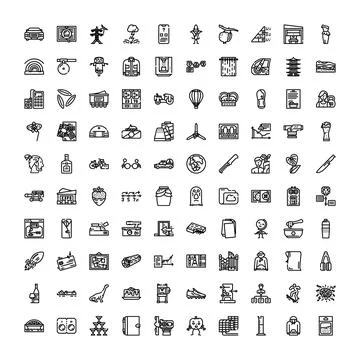 Diverse collection of line icons representing common objects and concepts Stock Illustration
