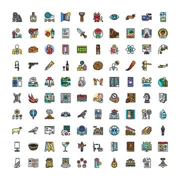 Diverse collection of line icons representing concepts and objects Stock Illustration