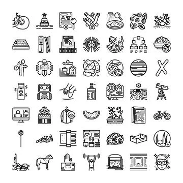 Diverse collection of line icons representing various concepts Stock Illustration