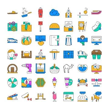 Diverse collection of line stroke icon illustrations depicting various concep Ilustración de archivo