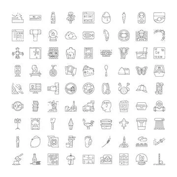 Diverse collection of linear icons representing various objects and concepts Stock Illustration
