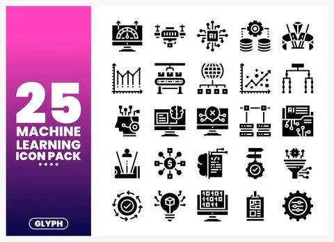A diverse collection of machine learning icons in a stylized infographic fo.. Stock Illustration