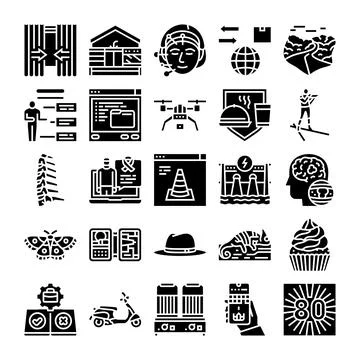 Diverse collection of modern technology and global icons Stockillustratie