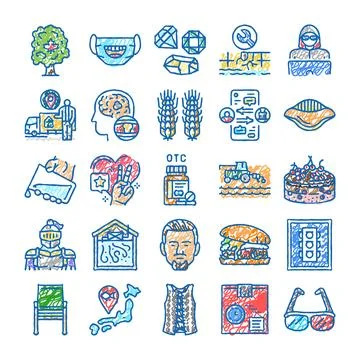 Diverse collection of scribbled icons depicting abstract concepts Illustrazione stock