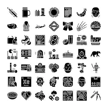 Diverse collection of solid black and white glyph icons Stock Illustration