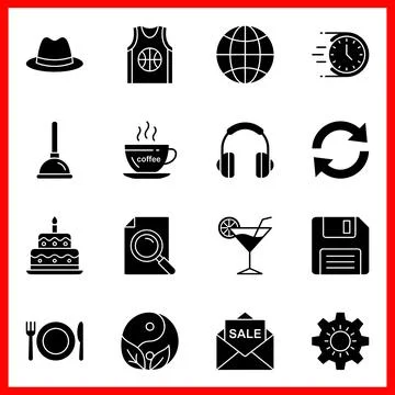 Diverse Collection of Solid Black Icons on White Background. Stock Illustration