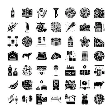 Diverse collection of solid glyph icons representing concepts Stock Illustration