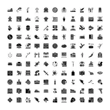 Diverse collection of solid glyph icons and symbols Stock Illustration