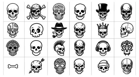 Diverse collection of stylized skull illustrations with organized grid Stock Illustration