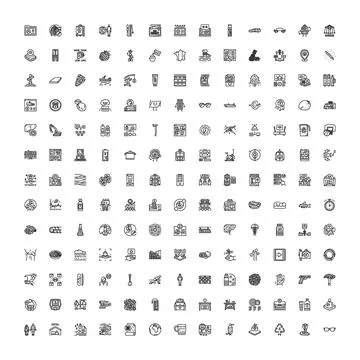 Diverse collection of thin line icons depicting various concepts Stock Illustration