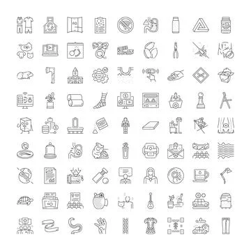 Diverse collection of thin line icons depicting objects and concepts Stock Illustration