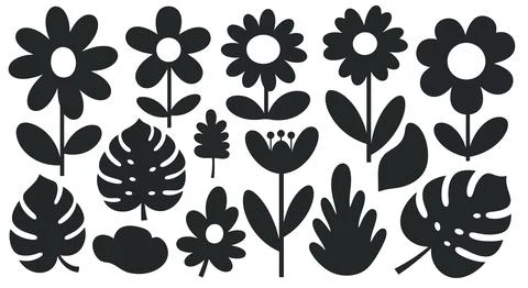 A diverse collection of various leaf shapes and patterns in black and white Stock Illustration