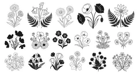 A diverse collection of various types of flowers and leaves in black and whit 스톡 일러스트