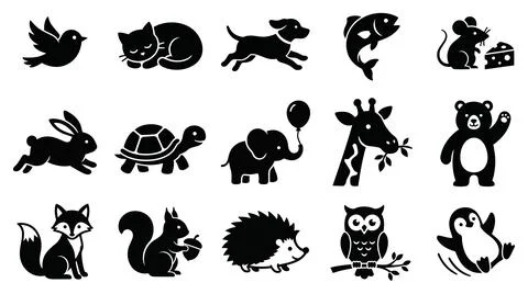 Diverse collection of various wild and domestic animal silhouette icons Stock Illustration