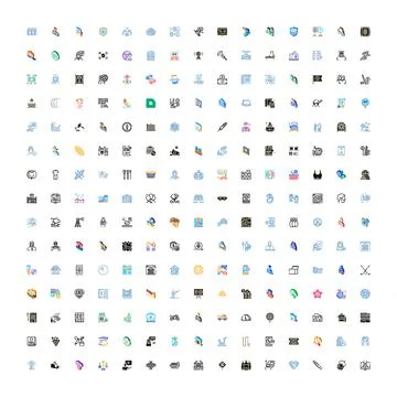 Diverse collection of vector flat color icons presenting various concepts Stock Illustration