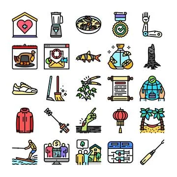 Diverse collection of vector flat line icons representing various concepts Stock Illustration