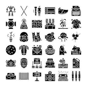 Diverse collection of vector glyph icons representing various concepts Illustrazione stock