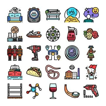 Diverse collection of vector icons representing various concepts Ilustración de archivo