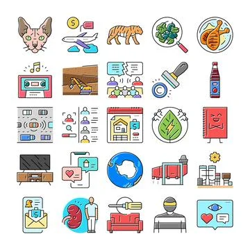 Diverse collection of vector icons representing various concepts Stock Illustration