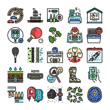 Diverse collection of vector line icons illustrating various concepts Illustrazione stock
