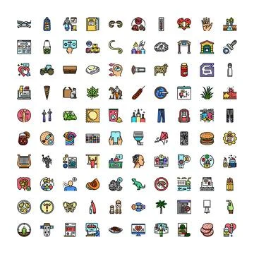 Diverse collection of vector line icons with color fill Stock Illustration