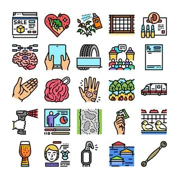 Diverse collection of vector line icons illustrating various concepts Stock Illustration