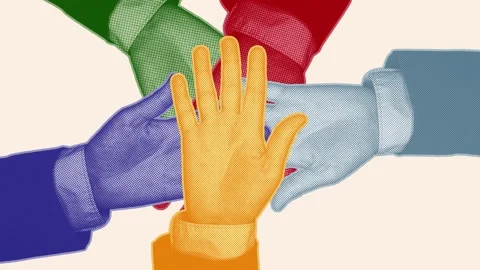 Diverse Colorful Halftone Hands Stacking Together Animation Video stock 339155058