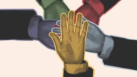 Diverse Colorful Halftone Hands Stacking Teamwork Illustration Stock Illustration