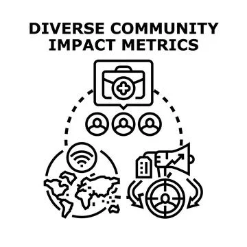 Diverse community impact metrics evaluating global outreach Illustrazione stock