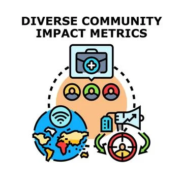 Diverse community impact metrics evaluating global outreach Illustrazione stock