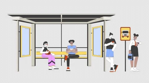 Diverse commuters waiting at bus stop doodle cartoon animation Stock Footage 316606794