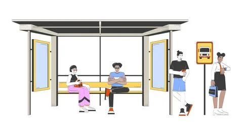 Diverse commuters waiting at bus stop doodle cartoon illustration Stock Illustration
