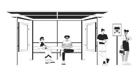 Diverse commuters waiting at bus stop doodle lineart illustration Stock Illustration