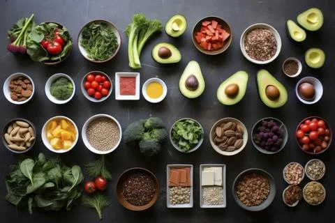  A diverse composition of nutritious food items elegantly presented in a b... Stock Photos