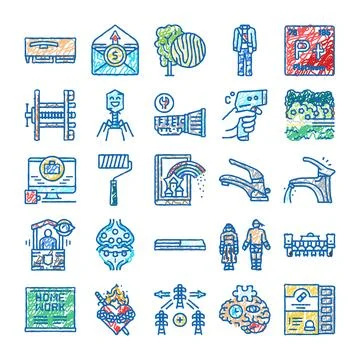 Diverse concept icons drawing representing business nature science health Stock Illustration