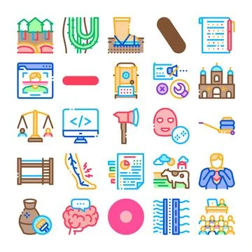 Diverse concept icons visualizing various tasks and themes Stock Illustration